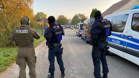 Polizisten bei einer Razzia gegen eine rechtsextreme Sekte im Großraum Heilbronn