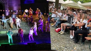 Musical-Darsteller stehen auf einer Treppe  Fans beim Public Viewing in Schwäbisch Hall