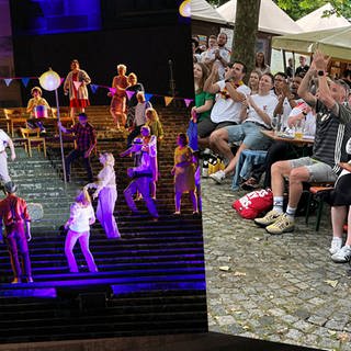 Musical-Darsteller stehen auf einer Treppe  Fans beim Public Viewing in Schwäbisch Hall