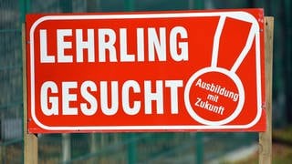 Ein Schild mit der Aufschrift "Lehrling gesucht - Ausbildung mit Zukunft"» ist vor einem Zaun eines Handwerksbetriebes aufgestellt. 