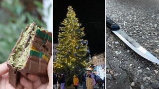 Bildcollage Wochenrückblick SWR Studio Heilbronn. Dubai-Schokolade, Weihnachtsmärkte, Messer-Attacke