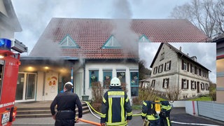 Collage: Aus den Fenstern des Kindergartens Wüstenrot steigt dunkler Rauch. Das Pfarrhaus, in das Kinder nun einziehen.