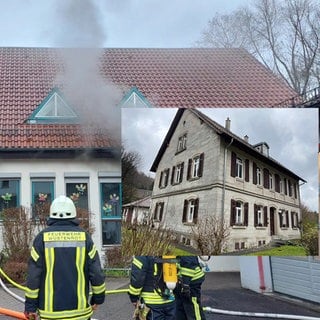 Collage: Aus den Fenstern des Kindergartens Wüstenrot steigt dunkler Rauch. Das Pfarrhaus, in das Kinder nun einziehen.