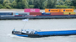 Zwei Containerschiffe fahren auf dem Rhein - Beihnahe-Zusammenstoß dreier Schiffe auf dem Rhein bei Karlsruhe (Sujetbild)