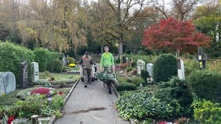 Friedhofsgärtner Fabrice Rausch ein Tag vor Allerheiligen mit Schubkarre auf dem Friedhof in Karlsruhe-Durlach.