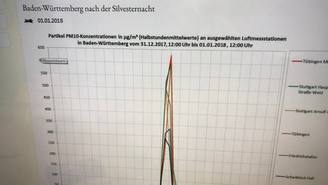 Der Feinstaub-Peak zu Silvester auf einem Monitor der LUBW in Karlsruhe
