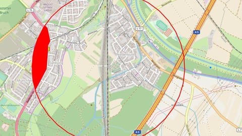 Karte von Rstatt in der das Evakuierungsgebiet mit einem roten Kreis eingezeichnet ist (Foto: Pressestelle, Polizei Offenburg)