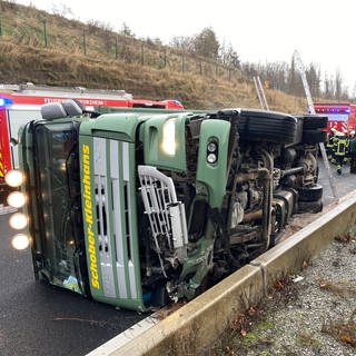 Auf der A8 bei Pforzheim ist am Dienstagvormittag ein Tiertransporter mit 15 Rindern umgekippt