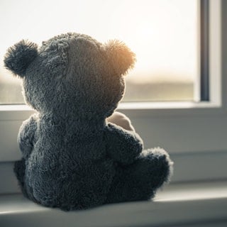 Symbolbild: Ein Teddybär sitzt am Fenster. Kinder die vor, während oder kurz nach der Geburt sterben, nennt man auch Sternenkinder. Eine Trauerbegleitung kann betroffene Eltern bei dem Verlust unterstützen. 