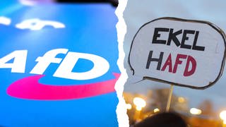 Collage aus AfD-Banner und Anti-AfD-Plakat