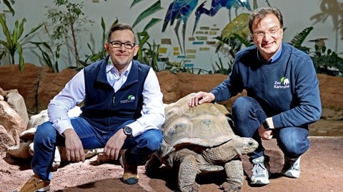 Steffen Karcher (links) und Zoodirektor Matthias Reinschmidt im Exotenhaus bei den Riesenschildkröten