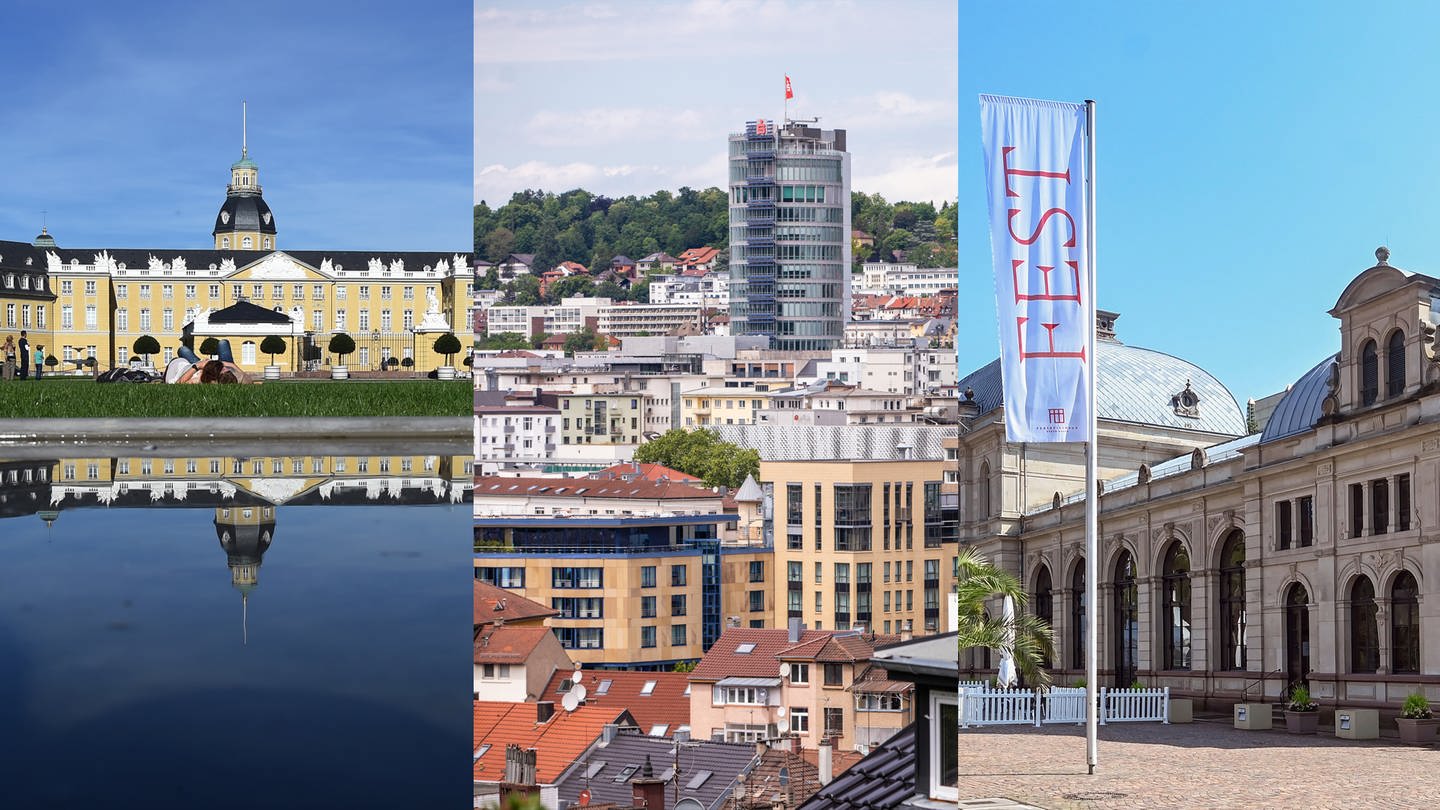 Collage aus Symbolbildern von Karlsruhe, Baden-Baden und Pforzheim