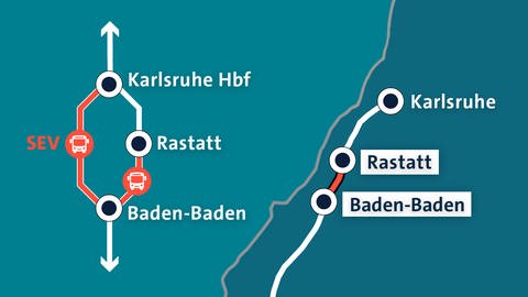 Eine Grafik zeigt die Sperrung der Rheintalbahn zwischen Rastatt und Baden-Baden.