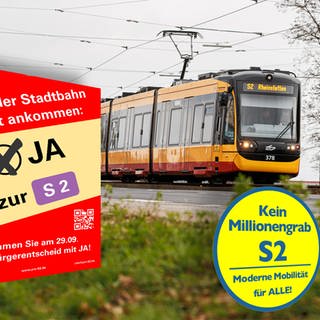 Die Stadtbahnlinie S2 mit Plakaten von Befürwortern und Gegnern des Bürgerentscheids der Verlängerung