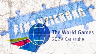 Collage aus World Games Logo mit Riss und dem Wort Finanzierung