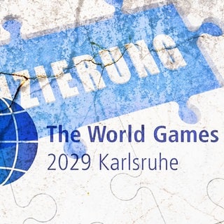 Collage aus World Games Logo mit Riss und dem Wort Finanzierung