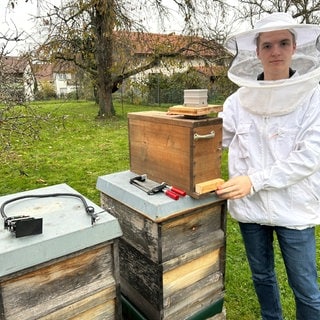 Imker zeigt auf Apparatur am Bienenstock