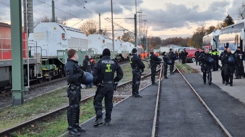 Ein Zug mit Atommüll in Castoren im Bahnhof Philippsburg