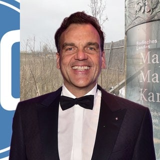 Christoph Gröner vor KSC-Logo und Majolika-Banner