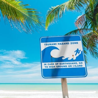 Tsunami-Warnschild am Strand