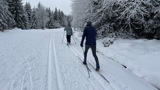 Zwei Langläufer auf Skiern fahren auf einer Loipe am Kaltenbronn im Nordschwarzwald.