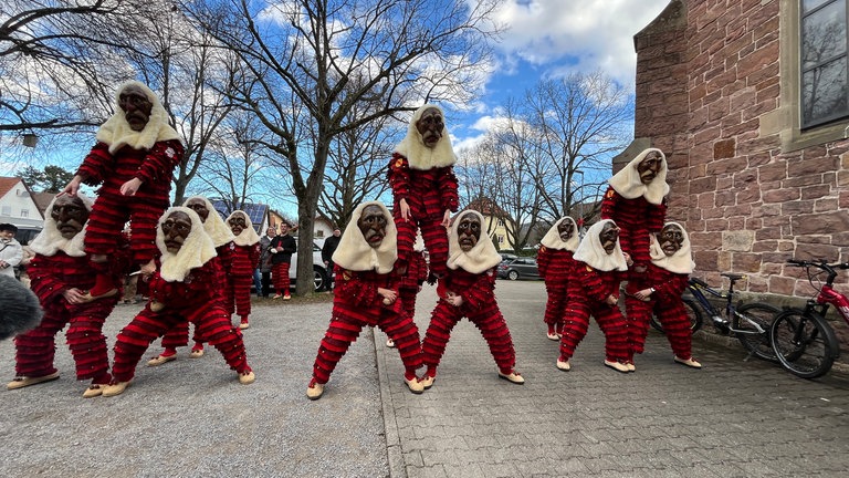 Mehrere Narren in Häs-Kostümen in Bischweier (Kreis Rastatt) in Formation