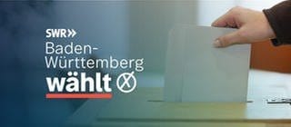 Kommunalwahl 2024 in Baden-Württemberg: Symbolbild Wahlzettel in Wahlurne mit Schriftzug "Baden-Württemberg wählt" und Wahlkreuz