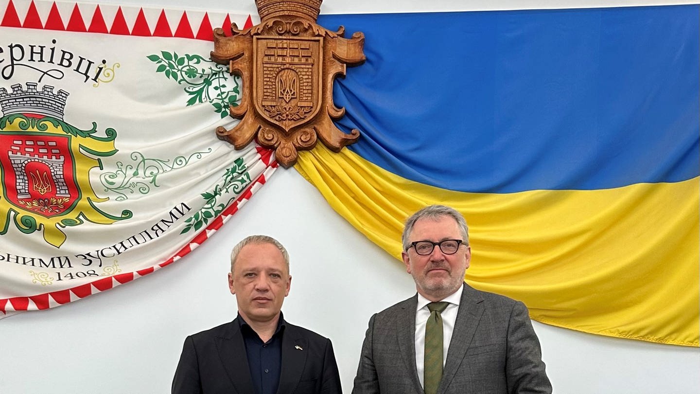 Peter Kurz, Oberbürgermeister in Mannheim (re.), und sein ukrainischer Amtskollege Roman Klitschuk