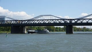 Unter der Konrad-Adenauer-Brücke zwischen Mannheim und Ludwigshafen fährt ein großes Schiff hindurch.