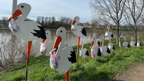 17 Störche aus Holz mit Plastiktüten