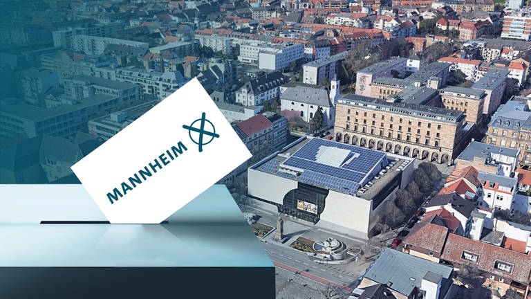 Stadtansicht von Mannheim mit einer Wahlurne und einem Wahlumschlag.