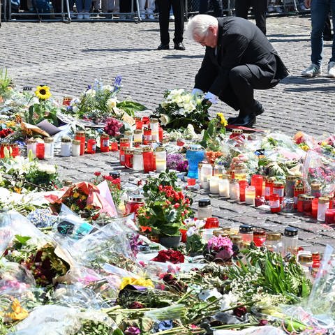 Bundespräsident Steinmeier legt vor dem Marktplatzbrunnen in Mannheim ein Blumengebinde nieder