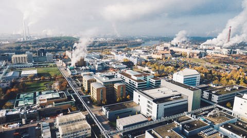 Eine Luftbildaufnahme des Roche-Werks in Mannheim.