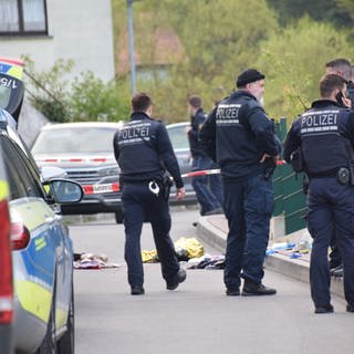 Mehrere Polizisten stehen vor einem grünen Zaun an einer Straße, im Hintergrund Autos und Absperrband beim Polizeieinsatz in Schriesheim-Altenbach. 