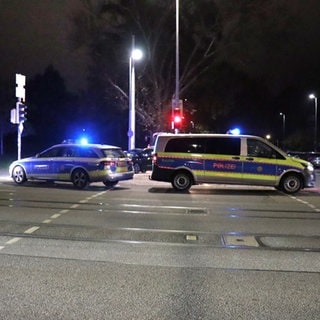 Einsatzwagen der Polizei sperren einen Bereich einer Straße bei der Ernst-Walz-Brücke in Heidelberg ab