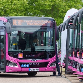 Mehrere lila Busse stehen auf einem Parkplatz. Auf der Busanzeige steht "Ersatzverkehr Riedbahn"