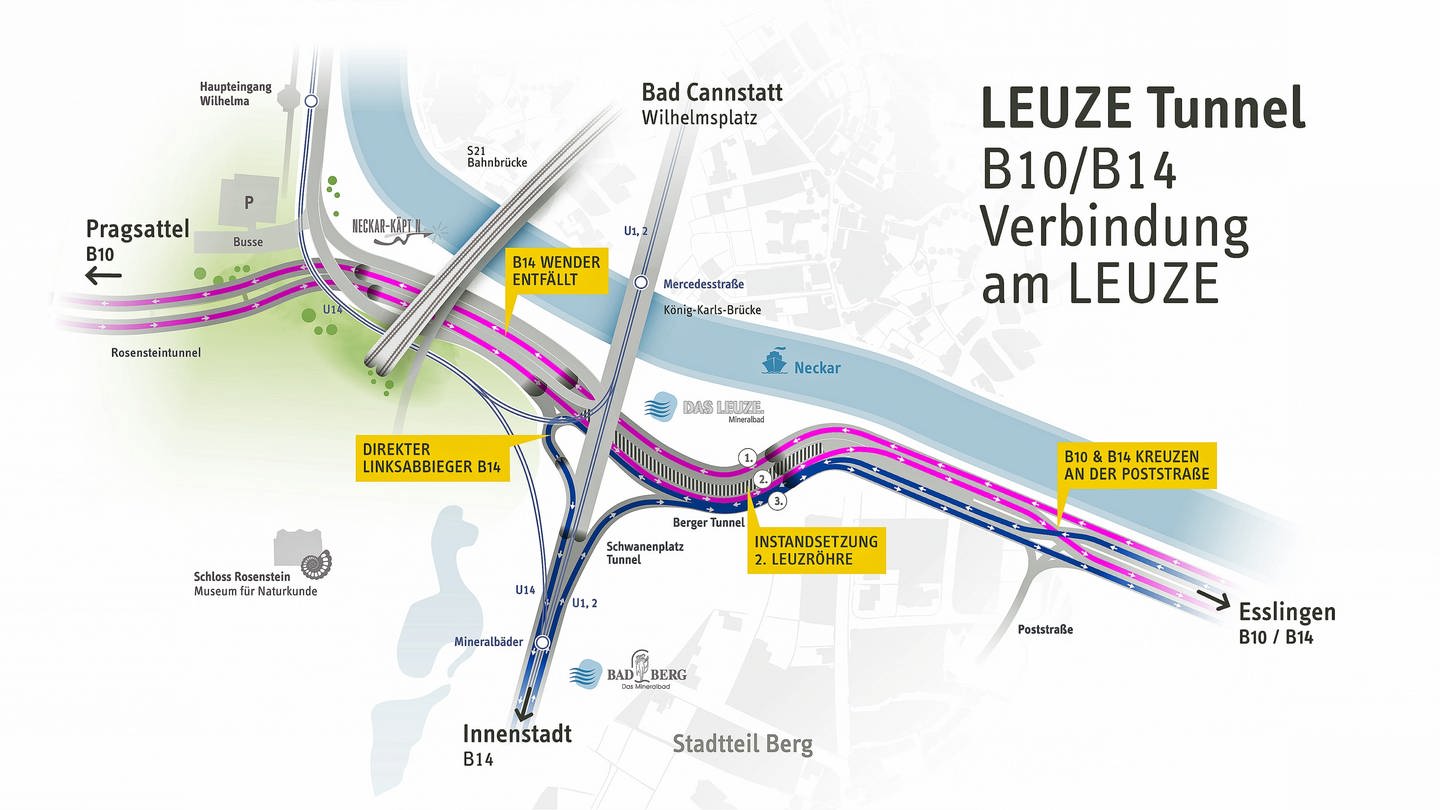 Am Leuzeknoten in Stuttgart ändert sich am Sonntag die Verkehrsführung. Der bisherige Wender auf der B14 etwa fällt weg.