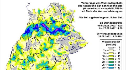 So sah eine Starkregenwarnung für das Obere Murrtal von Ende August 2022 im Frühwarnsystem FLIWAS aus. Das System wird unter anderem mit dem Wetterbericht und Pegelständen aus Gewässern gefüttert.