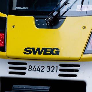 Menschen gehen an einem Zug mit dem Logo der SWEG vorbei. Die SWEG wird von der GDL bestreikt.