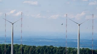 Windtestfeld auf der Schwäbsichen Alb mit zwei Windrädern und vier Messmasten. Laut ZSW ist es das weltweit erste auf bergigem Gebiet.