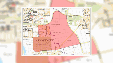 Eine Karte des Stuttgarter Stadtteils Steinhaldenfeld. Der Bereich, der wegen der Bombenentschärfung geräumt werden muss, ist rot markiert.