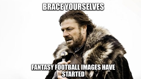 Eddard Stark aus der Serie Game of Thrones hält sein Schwert. Um ihn stehen die Worte: "Brace yourselves fantasy football images have started".