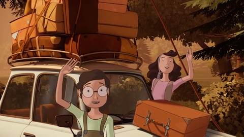Zwei Zeichentrickfiguren stehen neben einem Auto und winken: Die Serie "Fritzi und Sophie" feiert auf dem Internationalen Trickfilmfestival in diesem Jahr Weltpremiere.