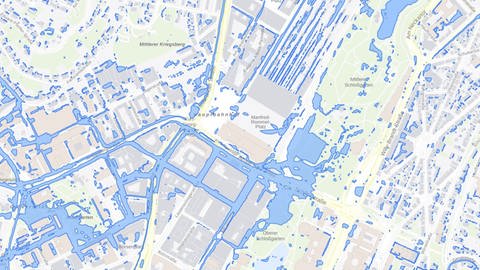 Ein Ausschnitt aus der Starkregen-Gefahrenkarte der Stadt Stuttgart. Es sind die Stellen blau markiert, wo es bei Starkregen Überflutungen geben könnte.