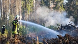 Ein Feuerwehrmann löscht einen Waldbrand. Die Waldbrandgefahr ist derzeit in Teilen Baden-Württembergs laut DWD auf der zweit höchsten Stufe.