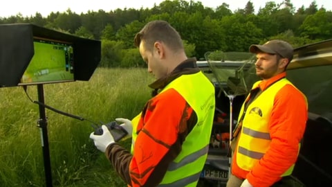 Benjamin Schmid und Ruwen Denzinger beim Absuchen der Wiesen mit Hilfe einer Drohne