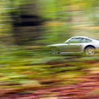 Ein Porsche fährt durch den Wald