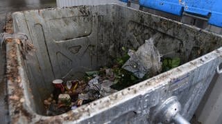 Ein Müllcontainer gefüllt mit Abfall. Der blaue Deckel ist geöffnet.