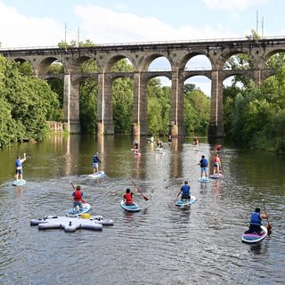 Bei sommerlichen Temperaturen bewegen sich Stand Up-Paddler auf der Enz in Bietigheim-Bissingen vor der Kulisse des Viadukts. (Archivbild)