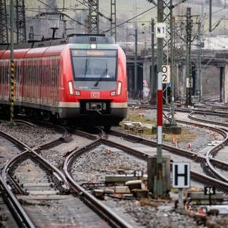 Ein Zug fährt durch Gewirr von Gleisen entlang alter Signaltechnik.